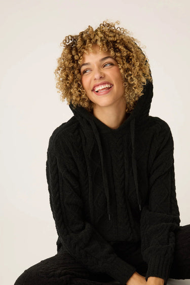 CHENILLE CABLE KNIT BLACK HOODIE