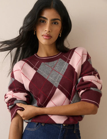 BURGUNDY ARGYLE OVERSIZED WOOL-BLEND JUMPER