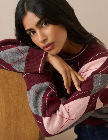 BURGUNDY ARGYLE OVERSIZED WOOL-BLEND JUMPER
