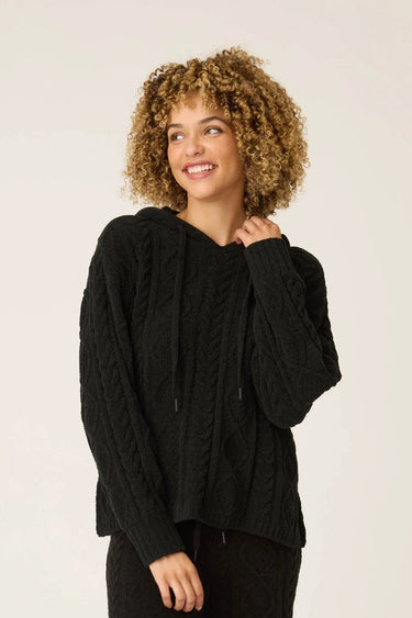 CHENILLE CABLE KNIT BLACK HOODIE