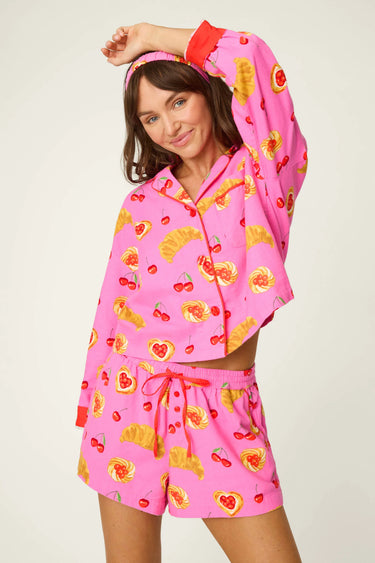 BREAKFAST PASTRY PRINT 3-PIECE SHORT FLANNEL PJ SET